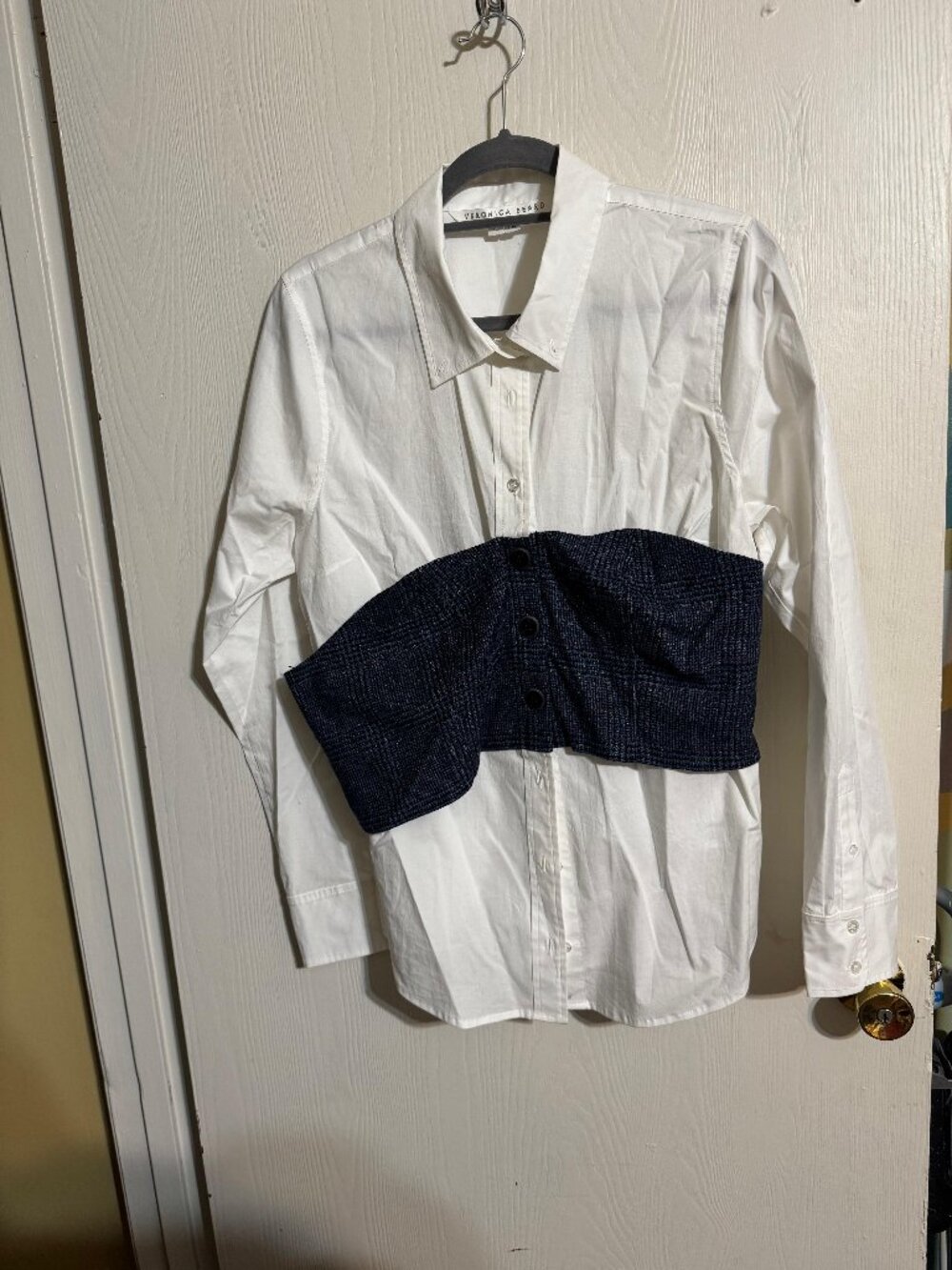 Veronica Beard Miki White & Plaid Bustier Button Down blouse